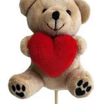 Teddy bear with a red heart on a stick against a white background