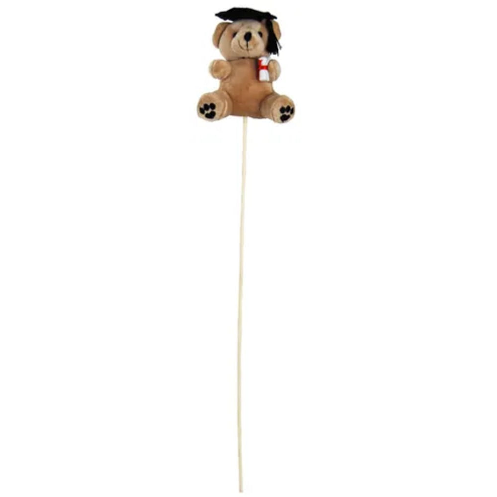 A brown graduation teddy bear wearing a black mortarboard cap and holding a diploma scroll, mounted on a long white stick against a white background